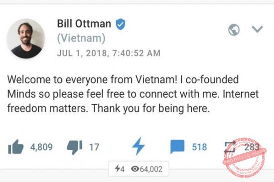 Bill Ottman, người đồng sáng lập mạng xã hội Minds gửi lời chào tới người dùng Việt Nam hôm 1-7.