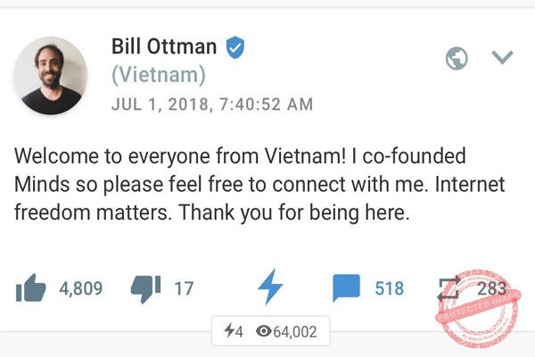 Bill Ottman, người đồng sáng lập mạng xã hội Minds gửi lời chào tới người dùng Việt Nam hôm 1-7.